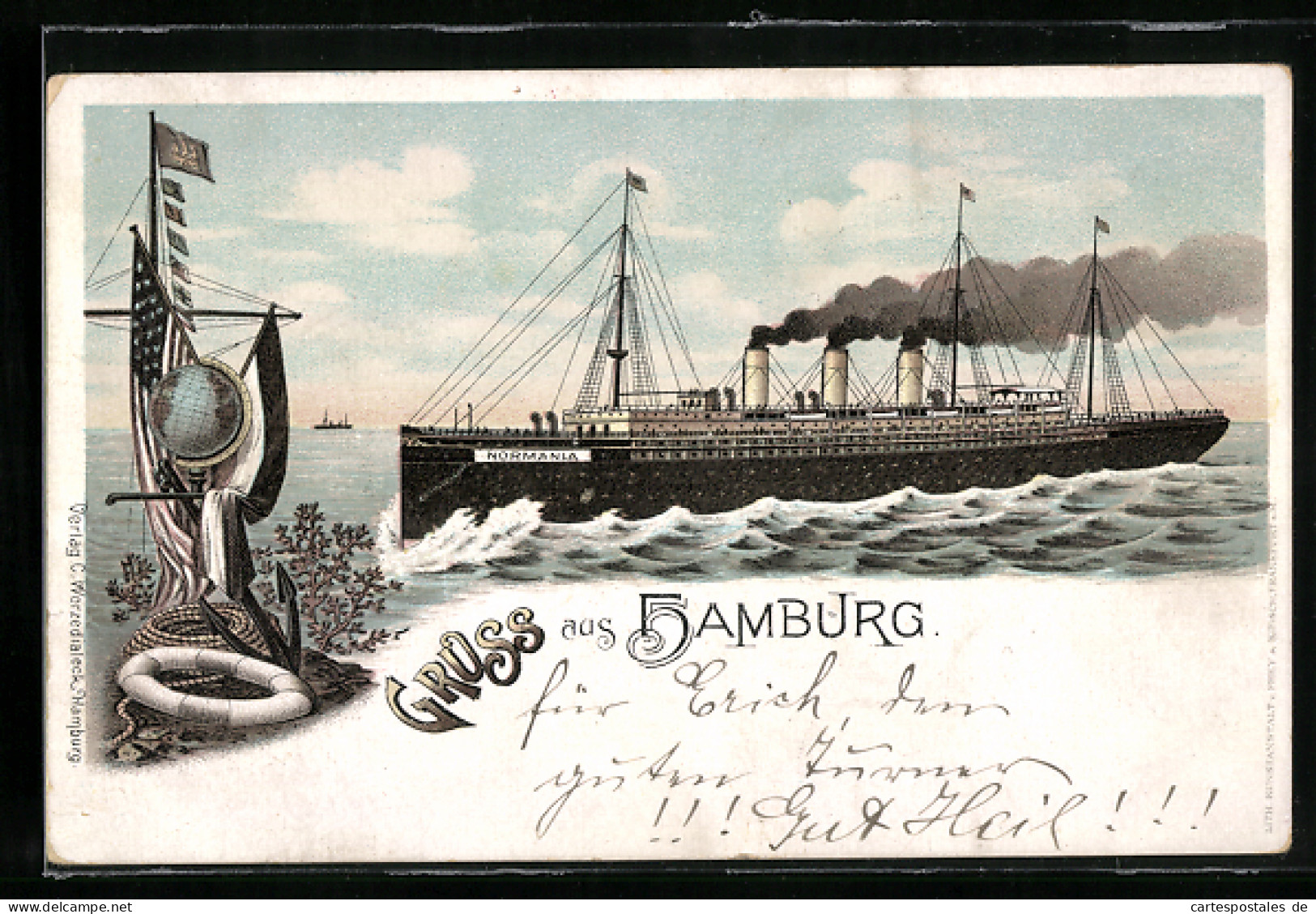 Lithographie Passagierschiff Normania In Voller Fahrt  - Steamers