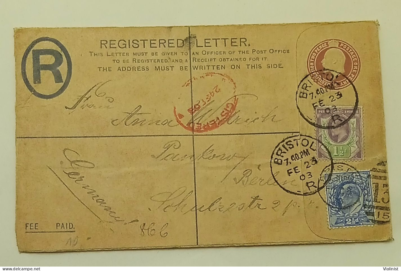 Registered Letter-Inland Registration-postmark BRISTOL 1903.-sent To Germany, PANKOW Bei Berlin - Covers & Documents