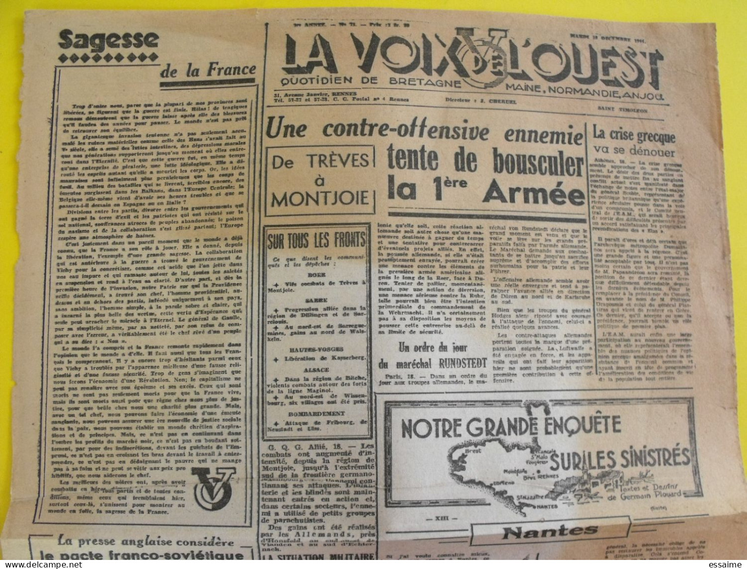 Journal La Voix De L'Ouest N° 78 Du 10 Décembre 1944. Rennes. De Gaulle. Bretagne Maine Normandie Anjou - Weltkrieg 1939-45