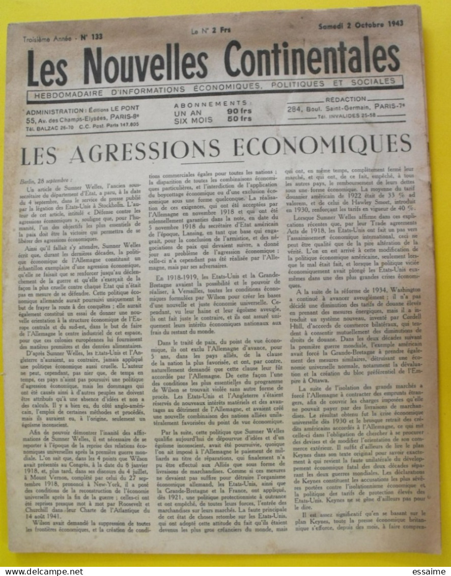 Journal Les Nouvelles Continentales. N° 133 Du 2 Octobre 1943; Collaboration. Terreur Gaulliste Mussolini Badoglio - Guerre 1939-45