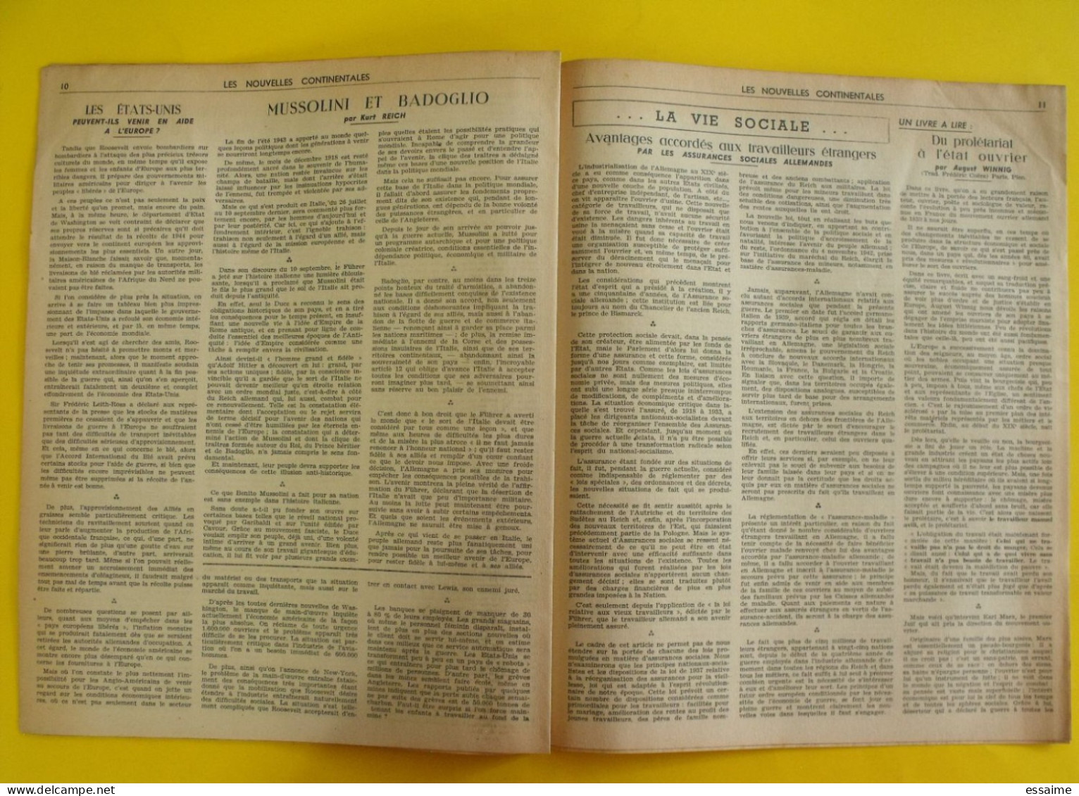 Journal Les Nouvelles Continentales. N° 133 Du 2 Octobre 1943; Collaboration. Terreur Gaulliste Mussolini Badoglio - Guerra 1939-45