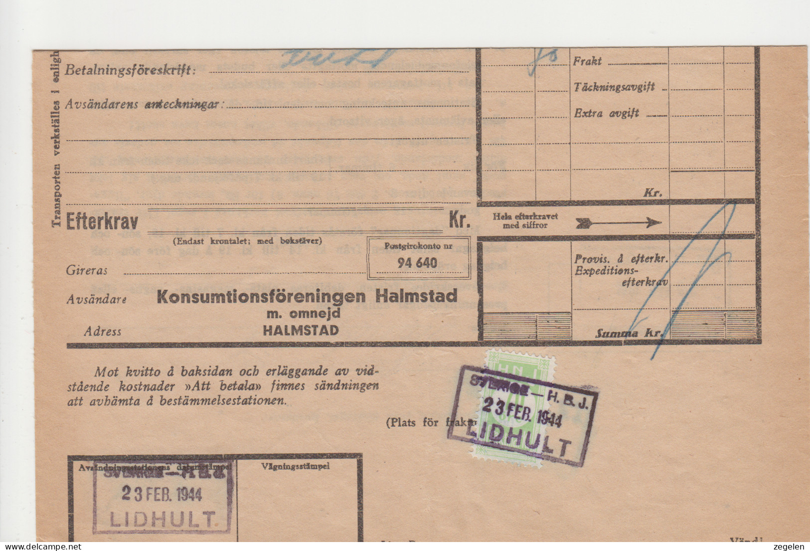 Zweden Spoorwegzegel Cat Svenska Järnvägsfraktmärken; Lijn H.N.J. Halmstad-Nässjö Järnväg 20 Op  Vrachtbrief - Andere & Zonder Classificatie