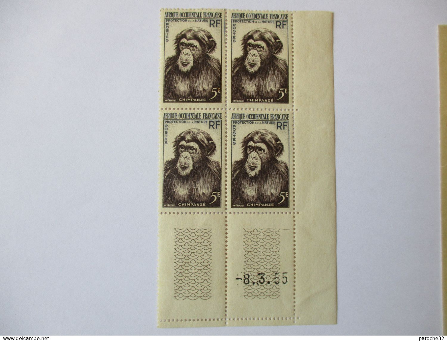 Afrique Occidentale Francaise...bloc De 4...coin Daté 8.3.55...chimpanzé 5F...n°51 ...non Oblitéré... - Unused Stamps