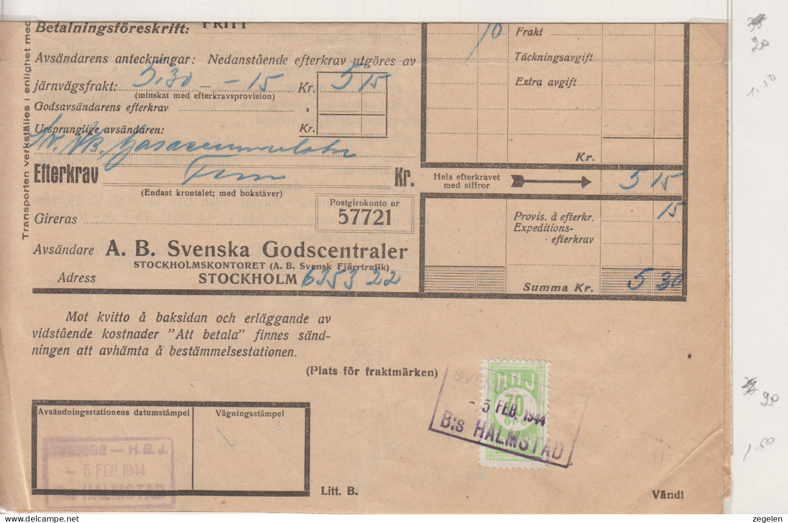 Zweden Spoorwegzegel Cat Svenska Järnvägsfraktmärken; Lijn H.N.J. Halmstad-Nässjö Järnväg 20 Op  Vrachtbrief - Autres & Non Classés