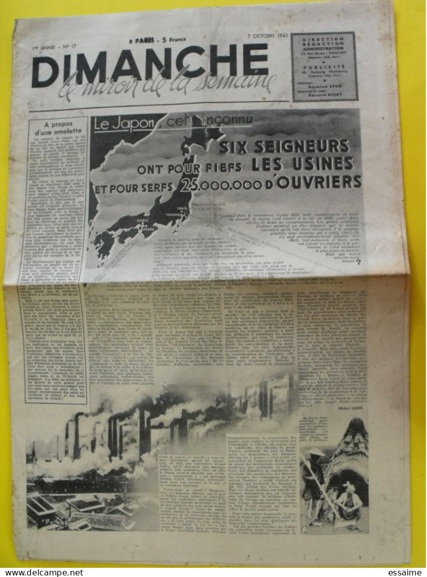 Hebdo Dimanche Le Miroir De La Semaine Du 7 Octobre 1945. Japon Uranium Gaby Andreu - Andere & Zonder Classificatie