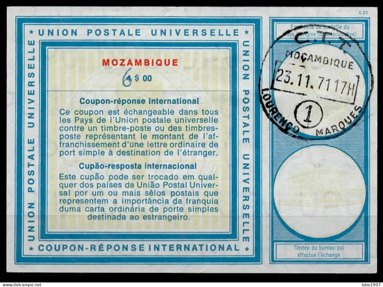 MOZAMBIQUE  Vi19  6 / 4$00 International Reply Coupon Reponse Cupon Respuesta IRC IAS  Cupon Respuesta O LOURENZO MARQUE - Mozambique