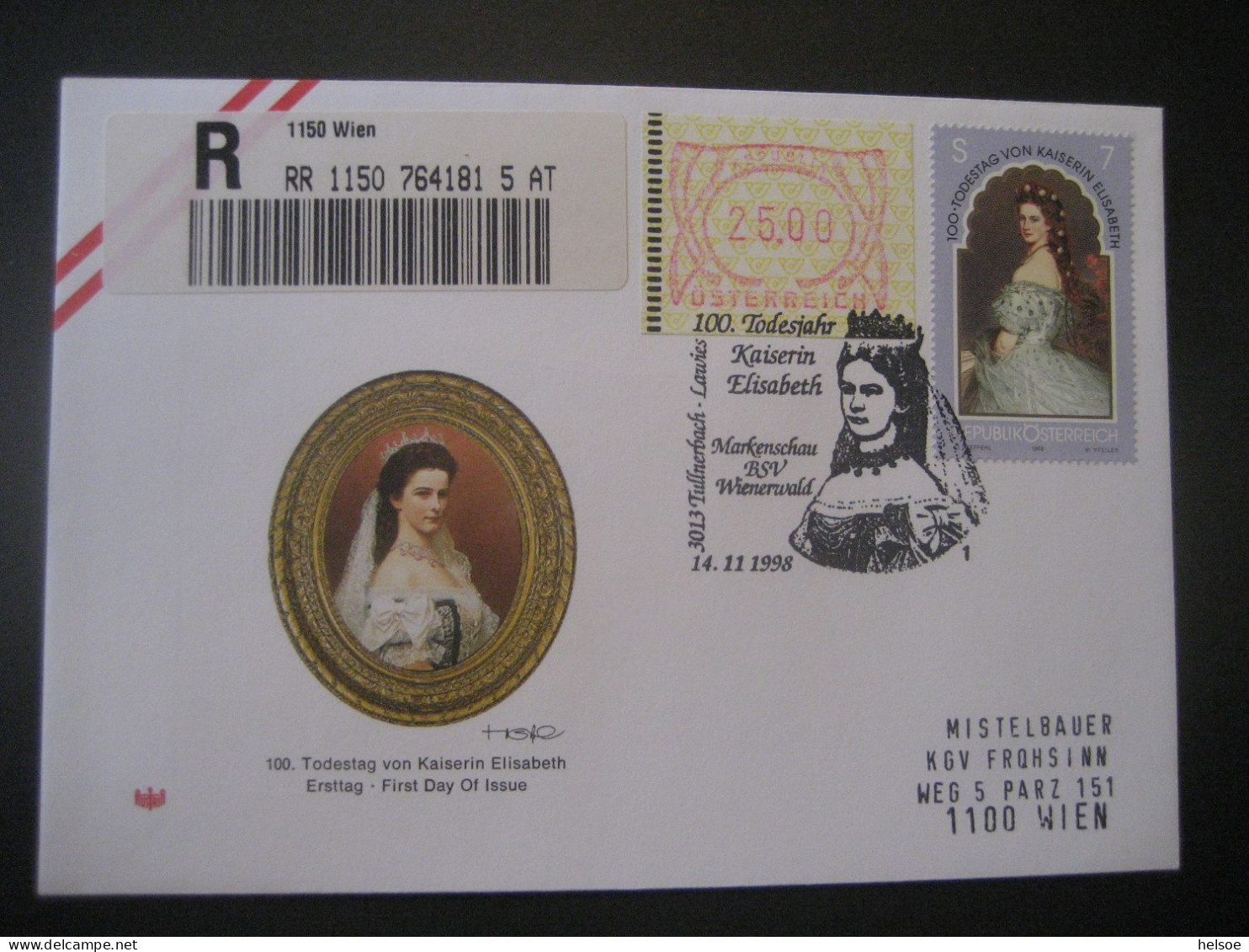 Österreich- Sonder-Beleg 100. Todestag Von Kaiserin Elisabeth Einschreiben Automatenmarke MiNr. 3 Und 2265 - Timbres De Distributeurs [ATM]