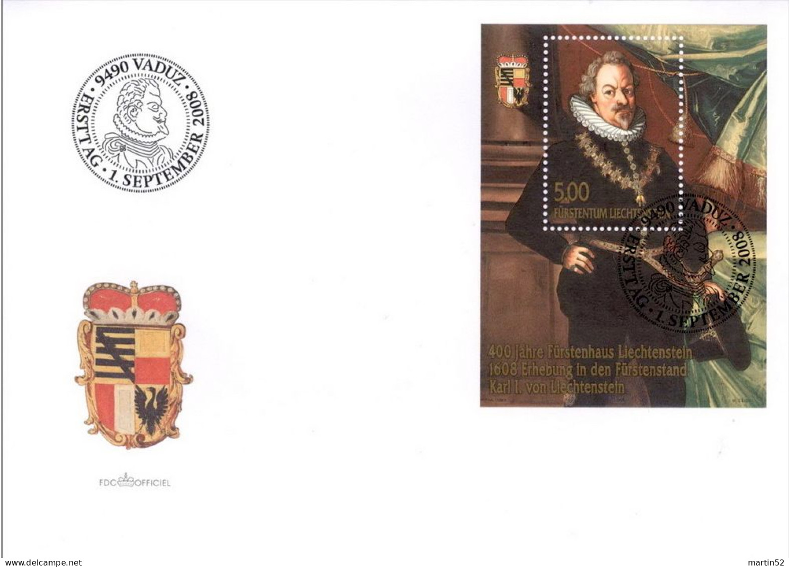 Liechtenstein 2008:  Fürst Karl I. Zu 1432 Mi 1489 Block 18A  Yv 2175 BF Auf FDC (Zu CHF 14.00) - FDC