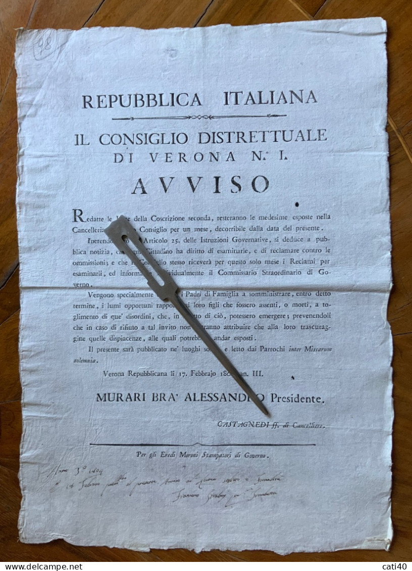 REPUBBLICA ITALIANA - VERONA REPUBBLICANA  17/2/1804 Ann.III - AVVISO (30x45) LETTO DAI PARROCHI Inter Missarum Solemnia - Historische Documenten
