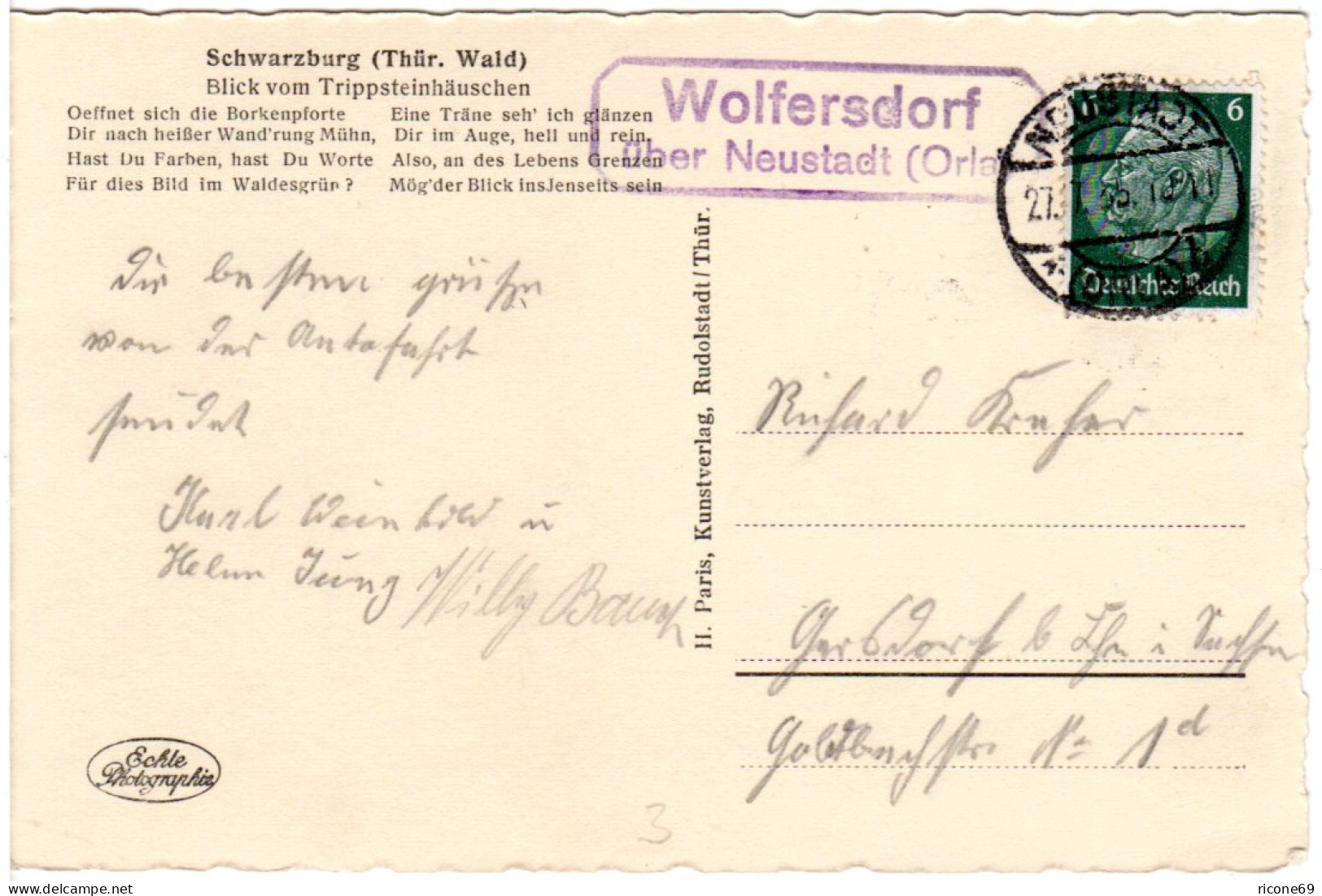 DR 1935, Landpoststempel WOLFERSDORF über Neustadt (Orla) Auf Karte M. 6 Pf.  - Briefe U. Dokumente