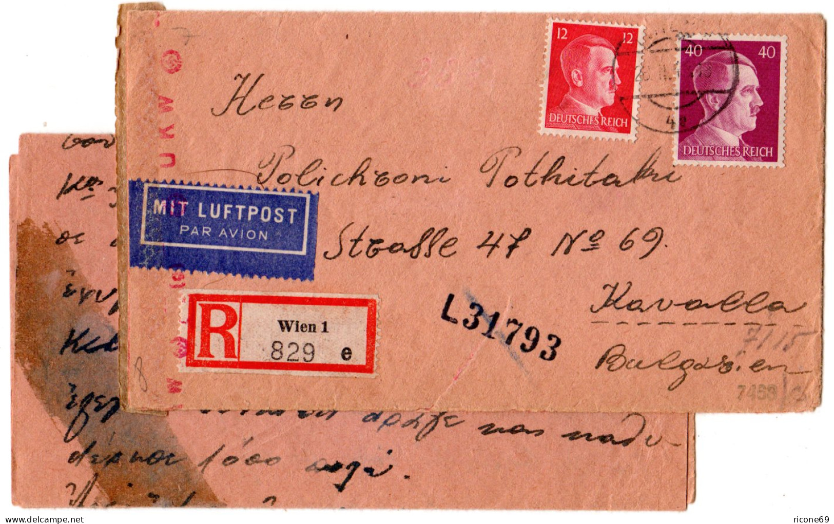 DR 1943, 40+12 Pf. Auf Reko Luftpost Zensur Brief V. Wien N. Kavalla Bulgarien - Briefe U. Dokumente