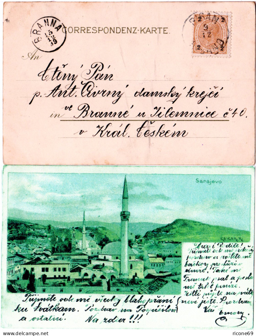 Österreich 1899, Bosnien Sarajevo-Litho AK M. 2 Kr. U. Dalmatien K1 Risan - Lettres & Documents