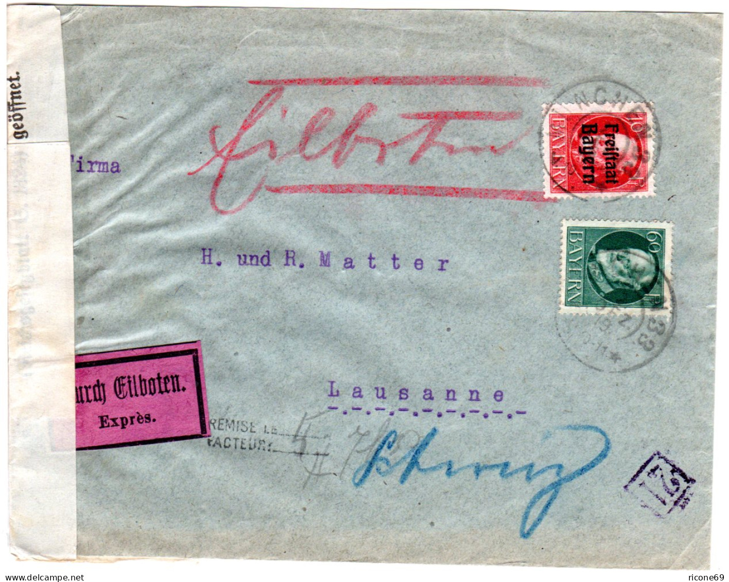 Bayern 1919, 60+10 Pf. Auf Eilboten Zensur Brief V. München 33 I.d. Schweiz - Cartas & Documentos