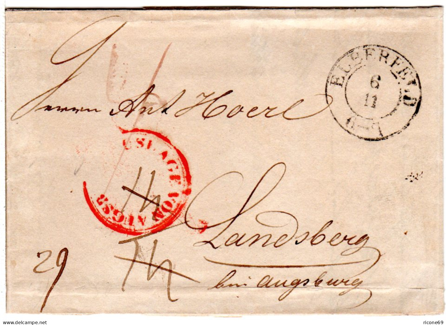 Preussen 1839, K2 ELBERFELD U. AUSLAGE VON AUGSBURG In Rot Auf Brief N. Bayern - Préphilatélie
