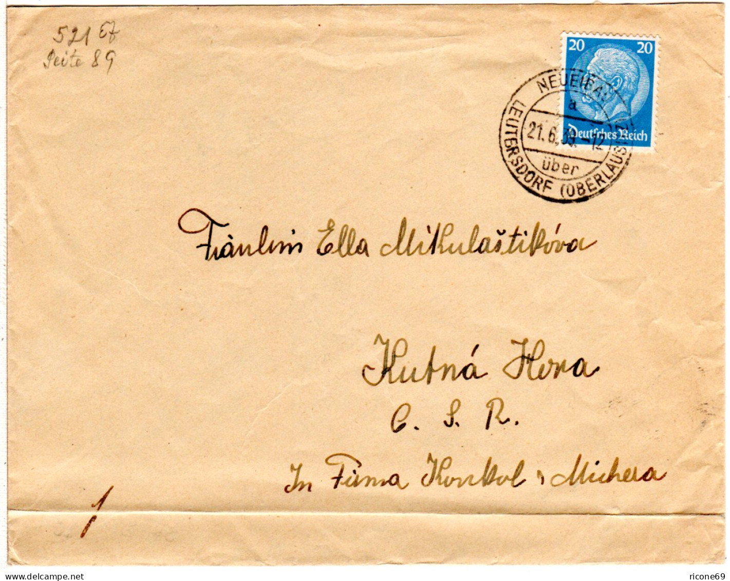 DR 1939, EF 20 Pf. Auf Sonderporto-Brief V. Neueibau I.d. Tschechoslowakei - Briefe U. Dokumente