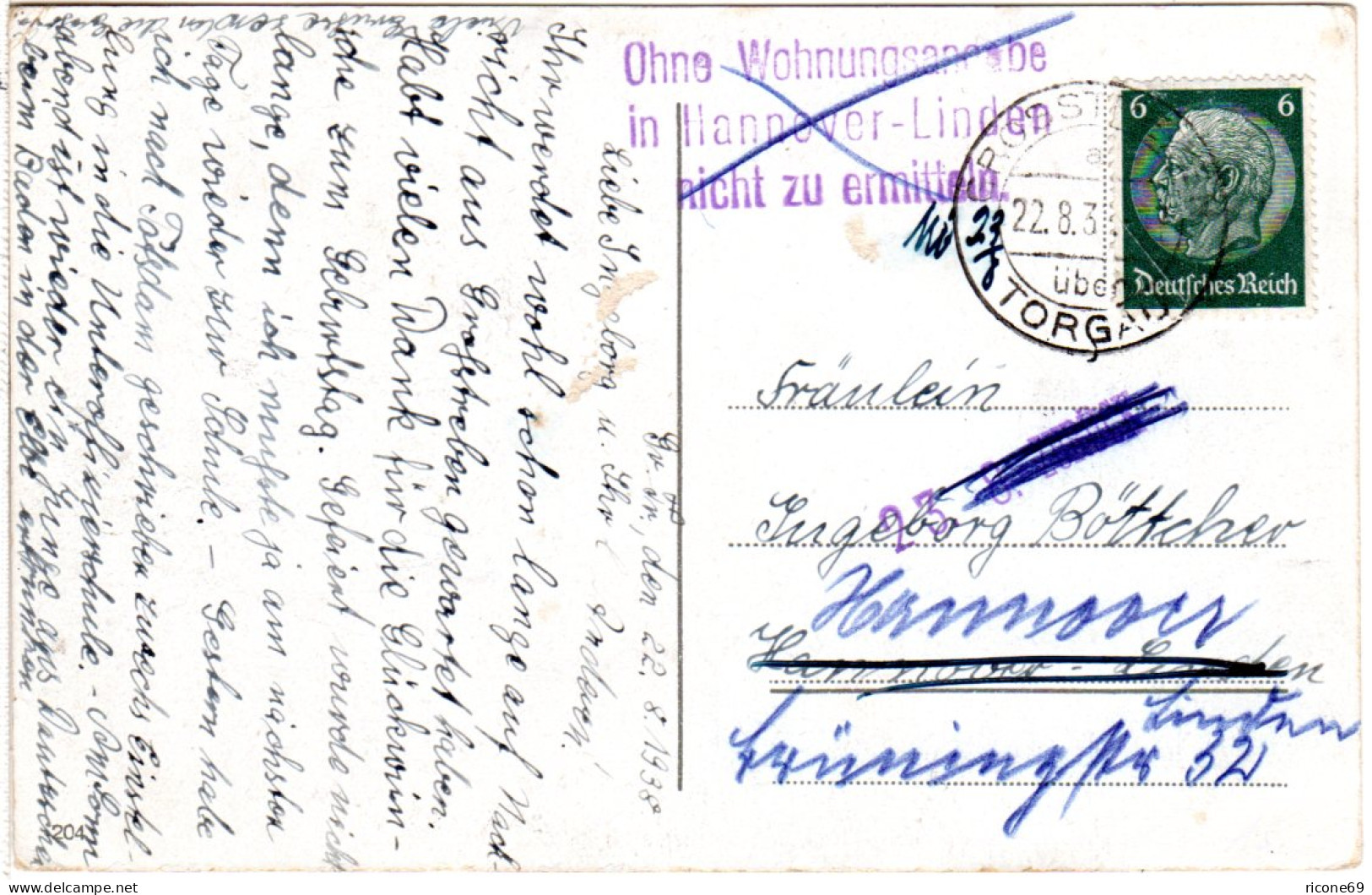 DR 1938, Hannover-Linden Hinweisstpl. Ohne Wohnungsan.. Auf Karte V. Grosstreben - Covers & Documents