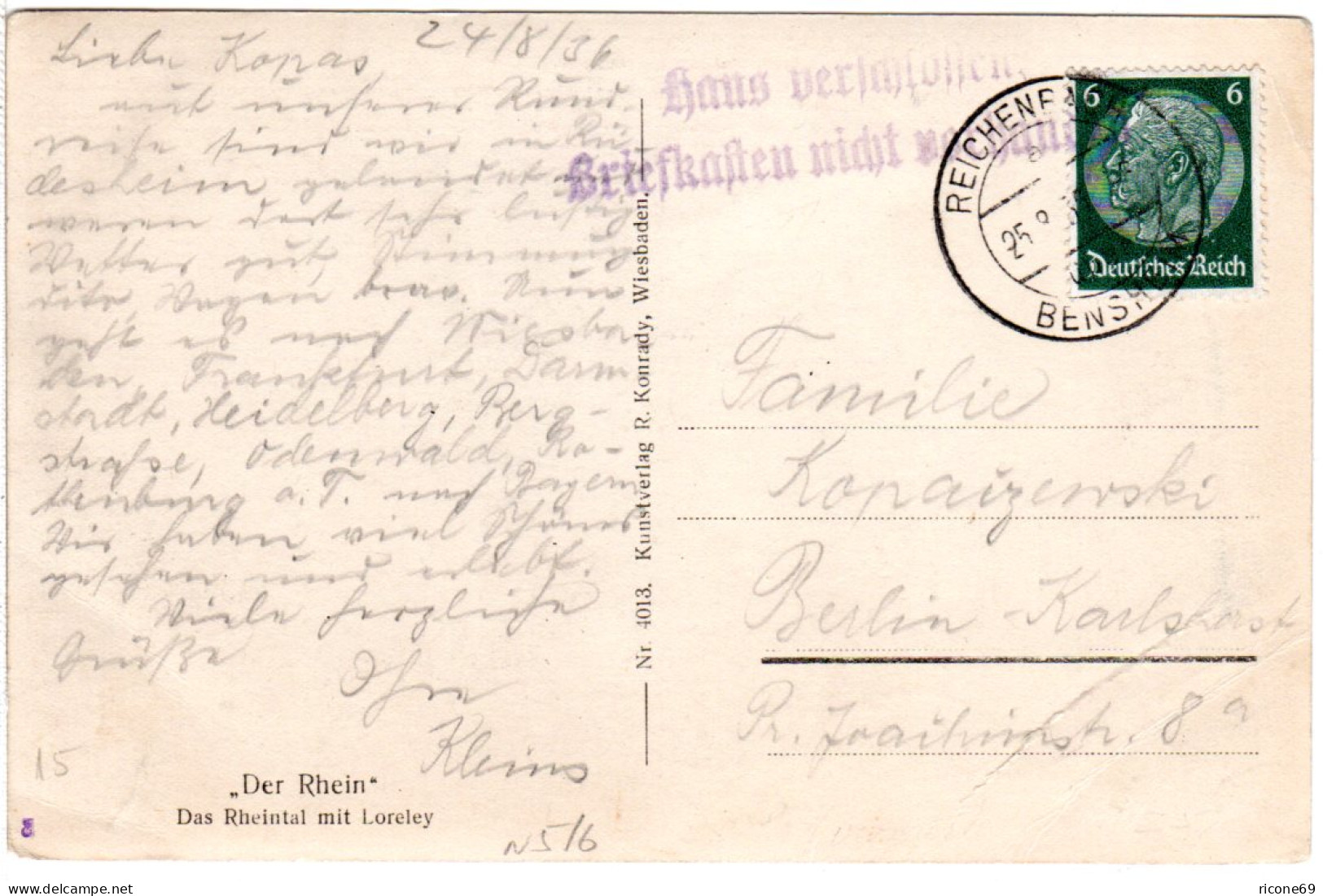 DR 1936, Berlin Hinweisstpl. Haus Verschlossen... Auf Karte V. Reichenbach - Lettres & Documents