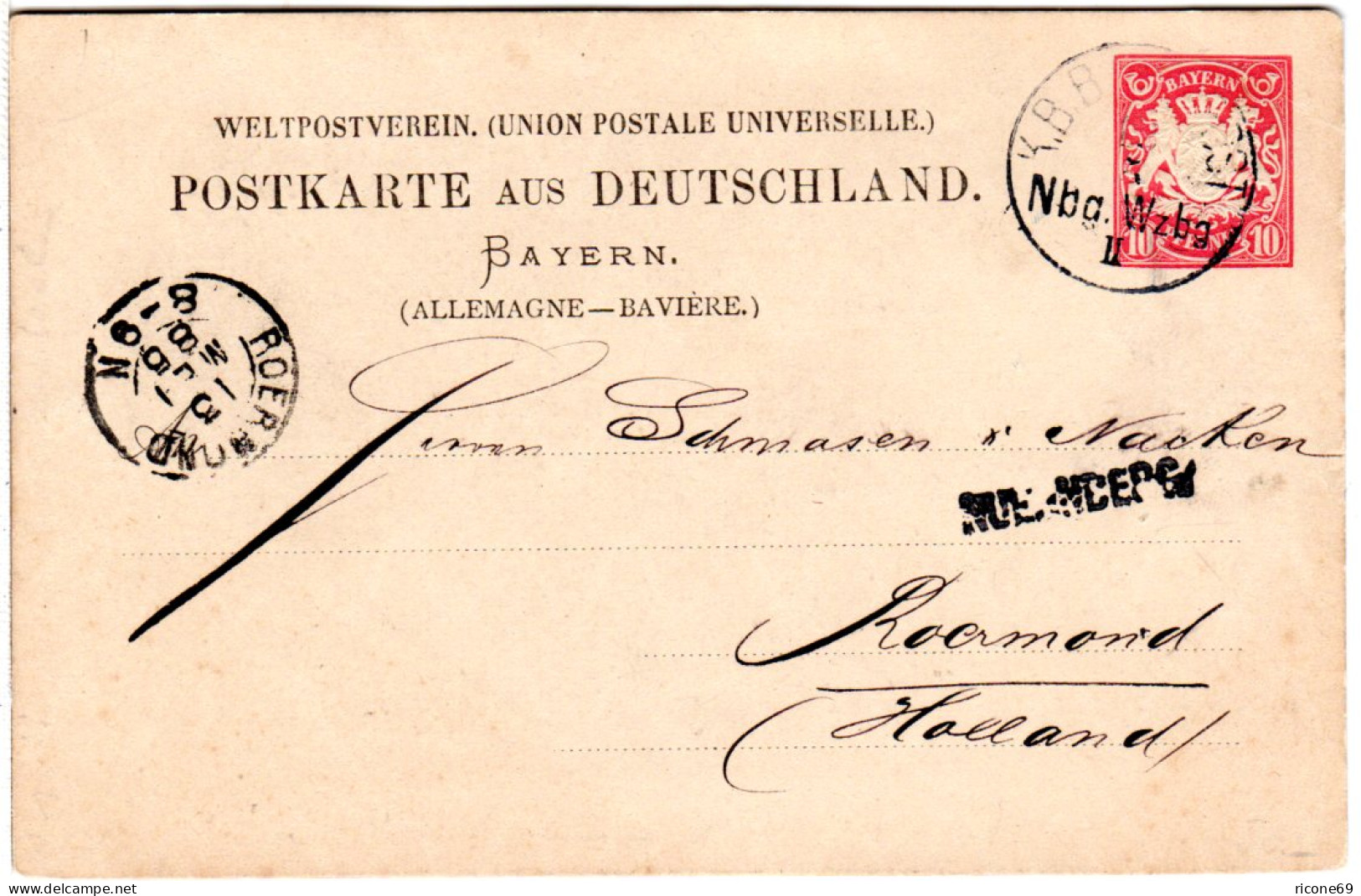 Bayern 1885, Stations-Stpl. L1 NUERNBERG Auf Ganzsache M. Bahnpost Nbg.- Wzbg.II - Cartas & Documentos
