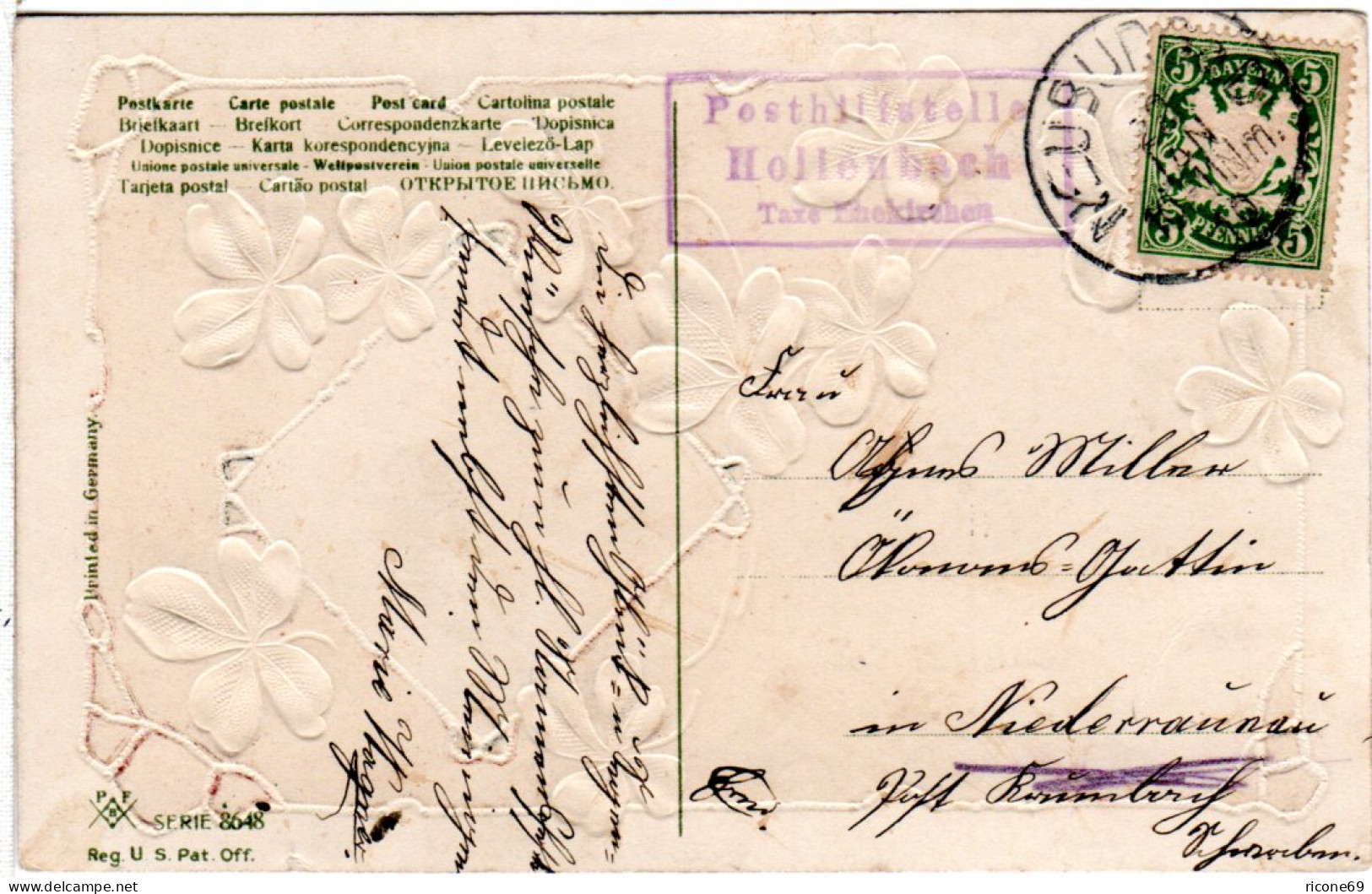 Bayern 1910, Posthilfstelle HOLLENBACH Taxe Ehekirchen Auf Karte M. 5 Pf. - Covers & Documents