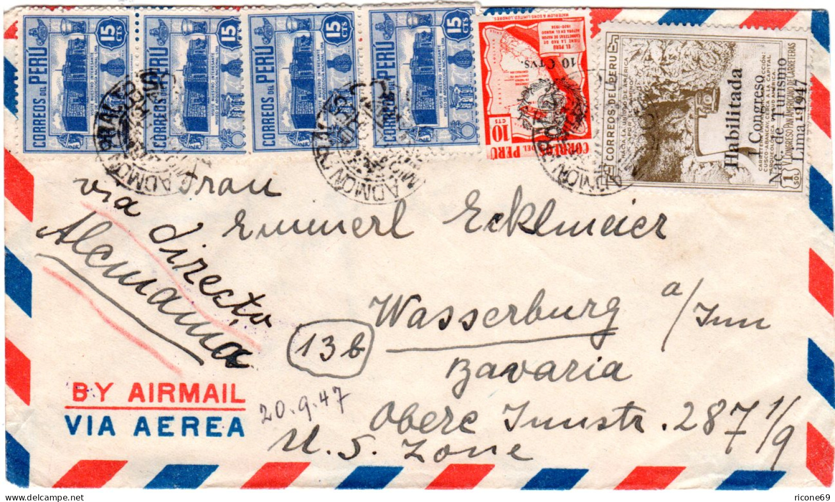 Peru 1947, 6 Marken Auf Luftpost Brief "via Directo" V. Lima Miraflores N. Dt. - Pérou