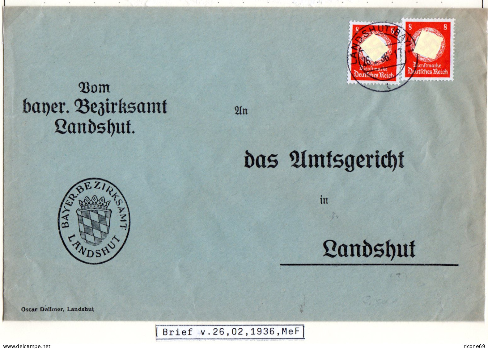 DR 1936, MeF 2x8 Pf. Dienst Auf Orts-Brief Des Bezirksamt Landshut - Lettres & Documents
