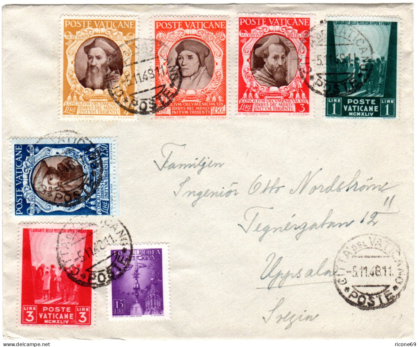 Vatikan 1948, 7 Marken Auf Brief N. Schweden. - Covers & Documents