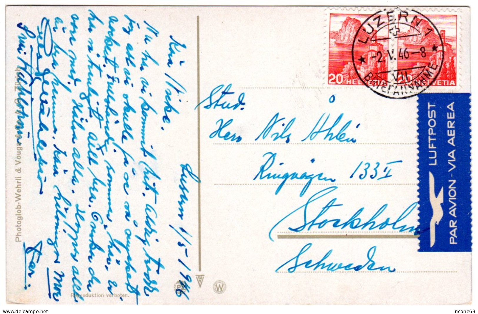 Schweiz 1946, MeF Paar 20 C. Auf Luftpost Karte V. Luzern N. Schweden. - Storia Postale