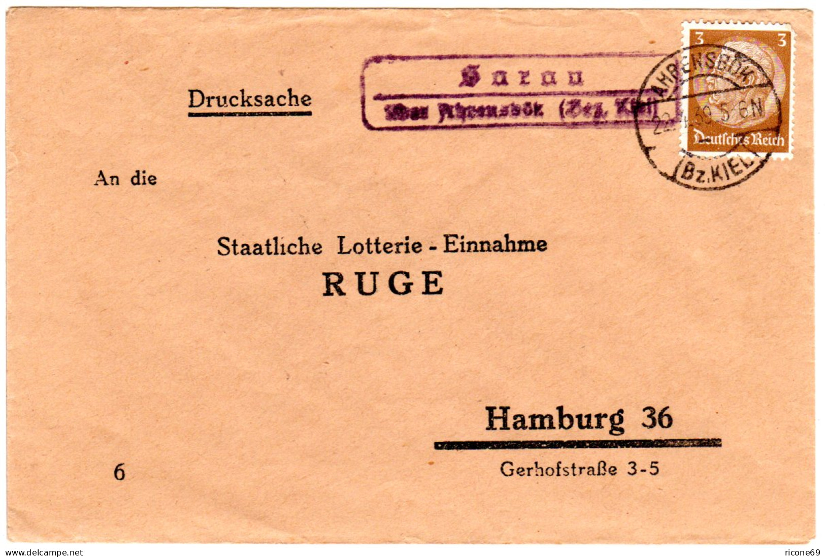 DR 1939, Landpost Stpl. SARAU über Ahrensbök (Bez. Kiel) Auf Brief M. 3 Pf. - Lettres & Documents