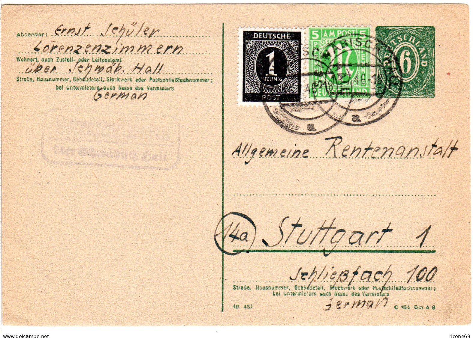 1946, Landpost Stpl. LORENZENZIMMERN über Schwäbisch Hall Auf 6 Pf. Ganzsache  - Lettres & Documents