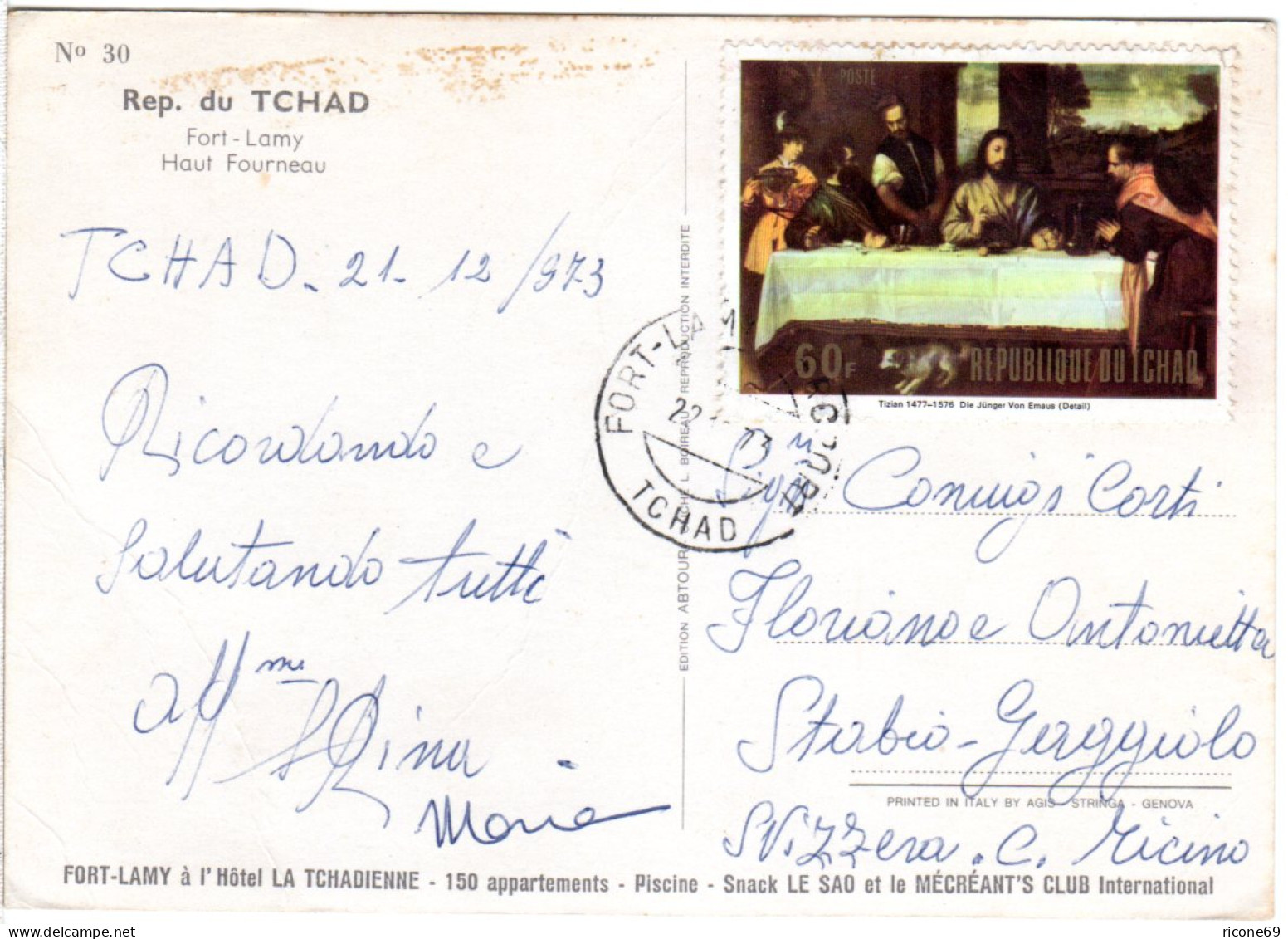 Tschad 1973, 60 F. Tizian Gemälde Jünger V. Emmaus Auf Karte I.d. Schweiz - Chad (1960-...)