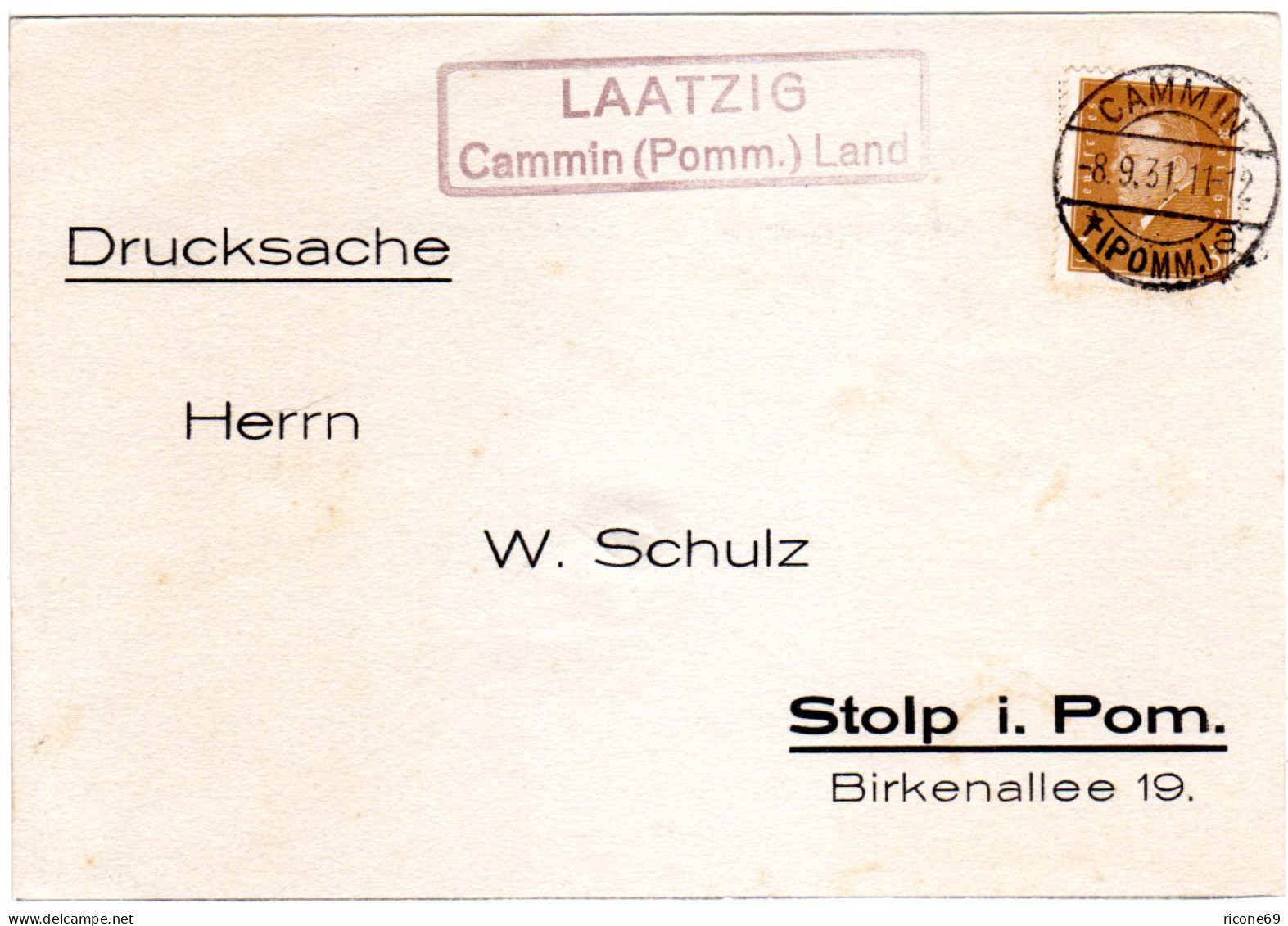 DR 1931, Landpost Stpl. LAATZIG Cammin (Pomm.) Land Auf Karte M. 3 Pf. - Brieven En Documenten