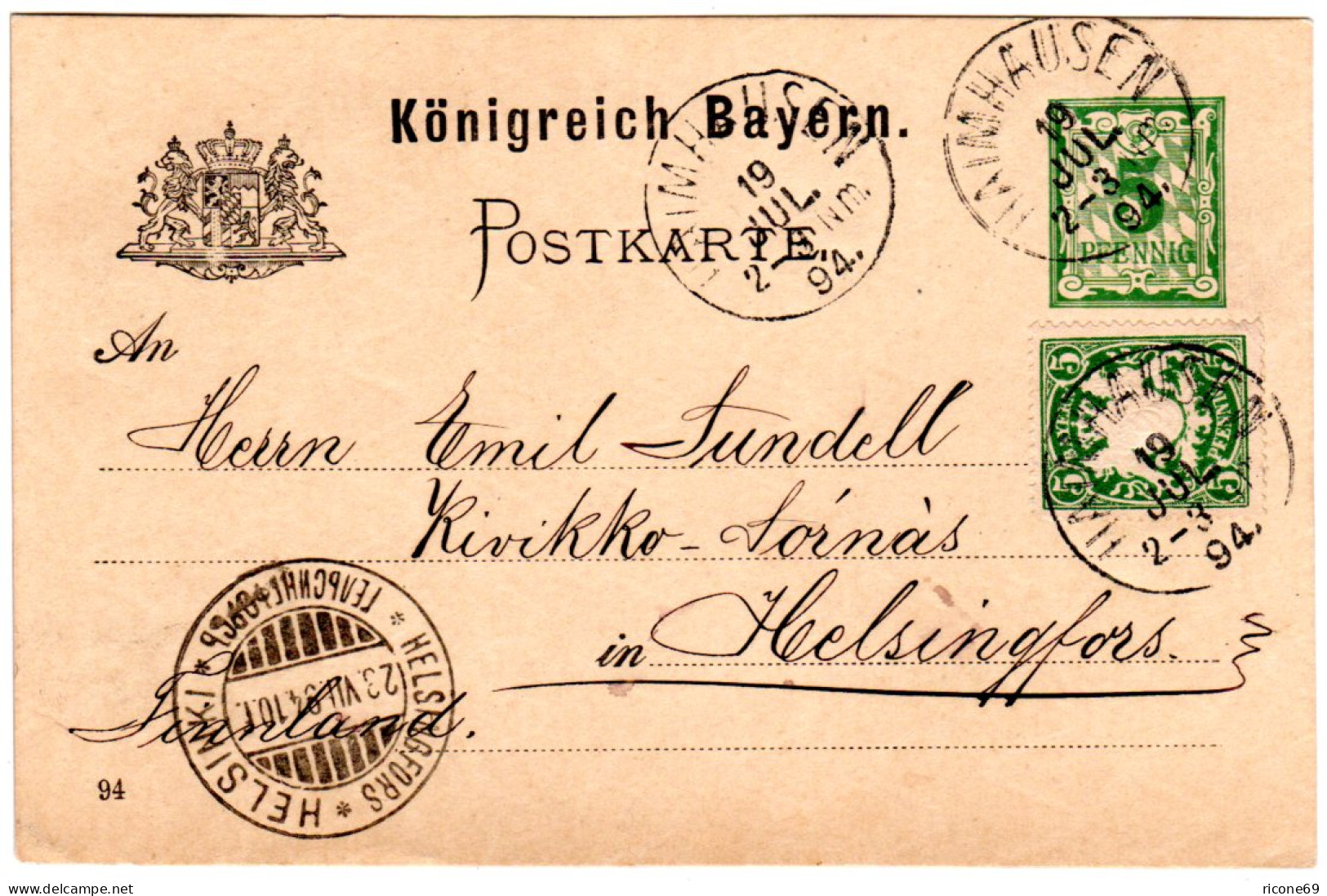 Bayern 1894, 5 Pf. Zusatzfr. Auf 5 Pf. Ganzsache V. Haimhausen N. Finnland - Briefe U. Dokumente