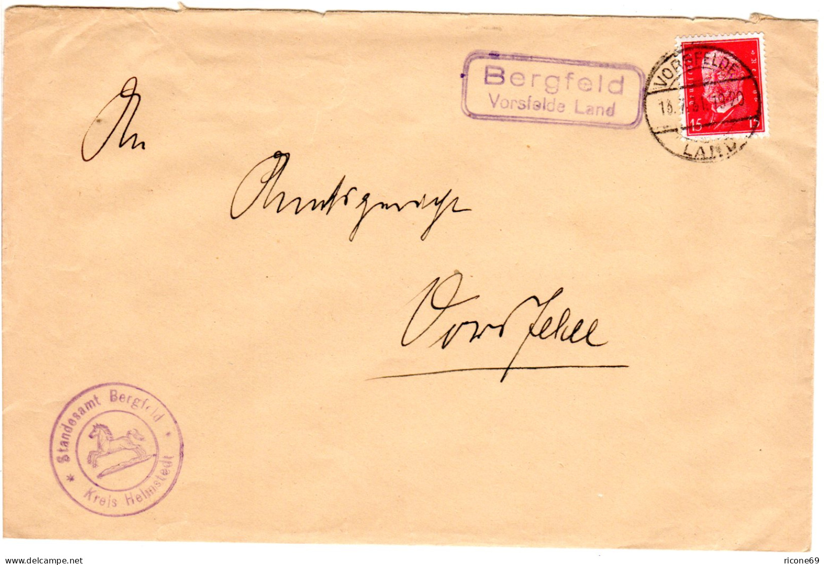 DR 1931, Landpoststpl. BERGFELD Vorsfelde Land Auf Brief M. 15 Pf. - Storia Postale