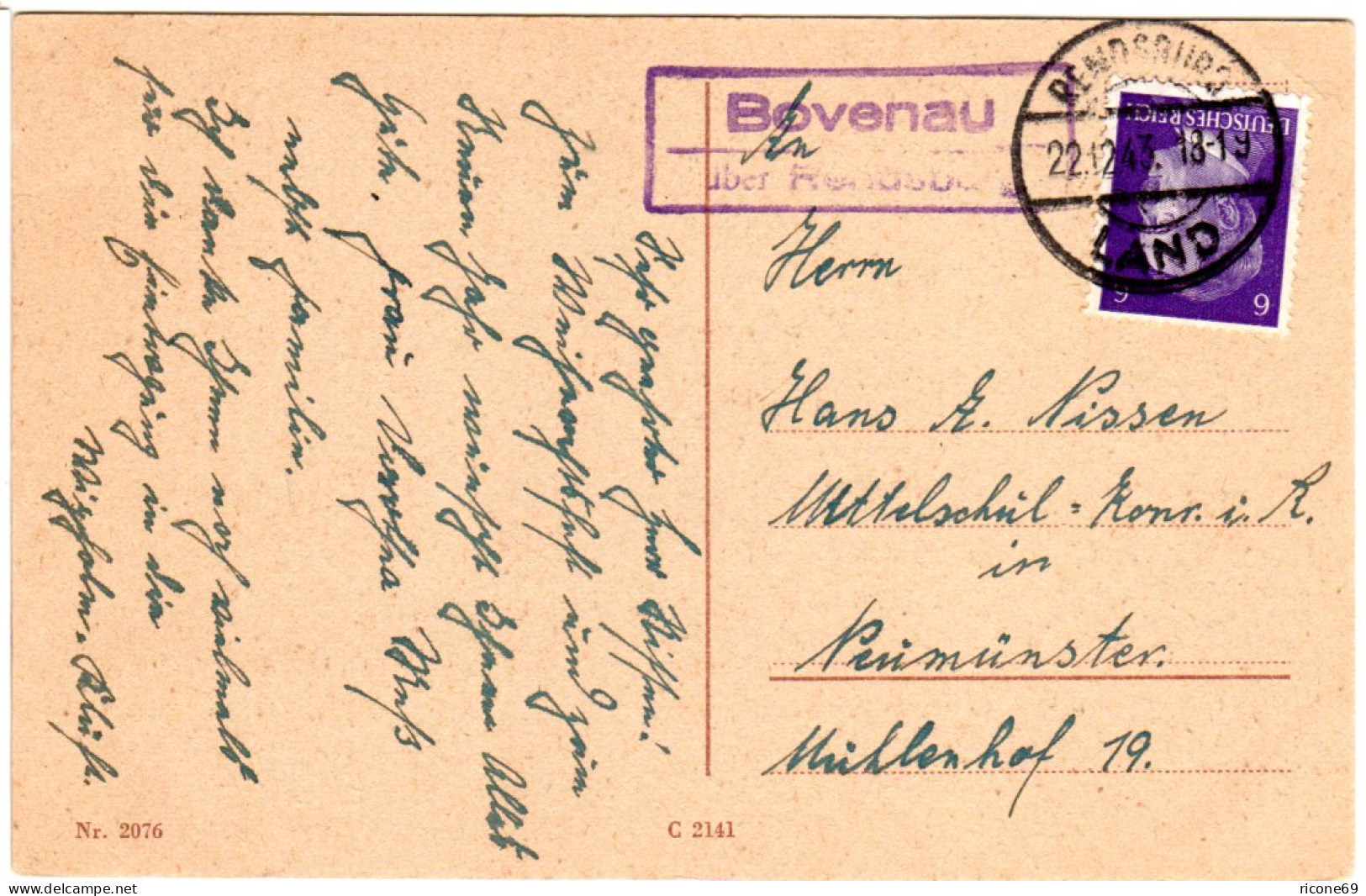 DR 1943, Landpost Stpl. BOVENAU über Rendsburg Auf Karte M. 6 Pf. - Lettres & Documents
