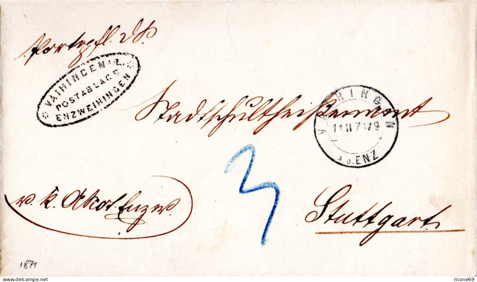 Württemberg 1871, Postablage Enzvaihingen U. Innen Stuttgart Auf Wende Brief  - Lettres & Documents