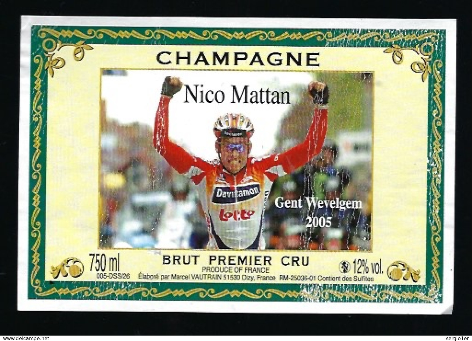 Etiquette Champagne Brut 1er Cru Nico Mattan  Vautrain Dizy Marne 51 Thème Sport Vélo Vainqueur De Gent Wevelgem - Champagner