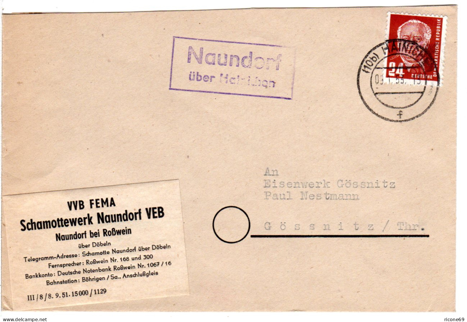 DDR 1953, Landpost Stpl. NAUNDORF über Hainichen Auf Brief M. 24 Pf. - Lettres & Documents