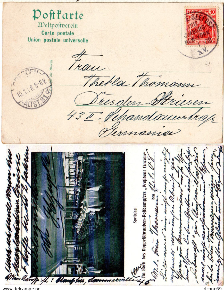 DR 1908, Deutsche Seepost Linie Hamburg New-York XV. Auf Karte M. 10 Pf. - Altri & Non Classificati
