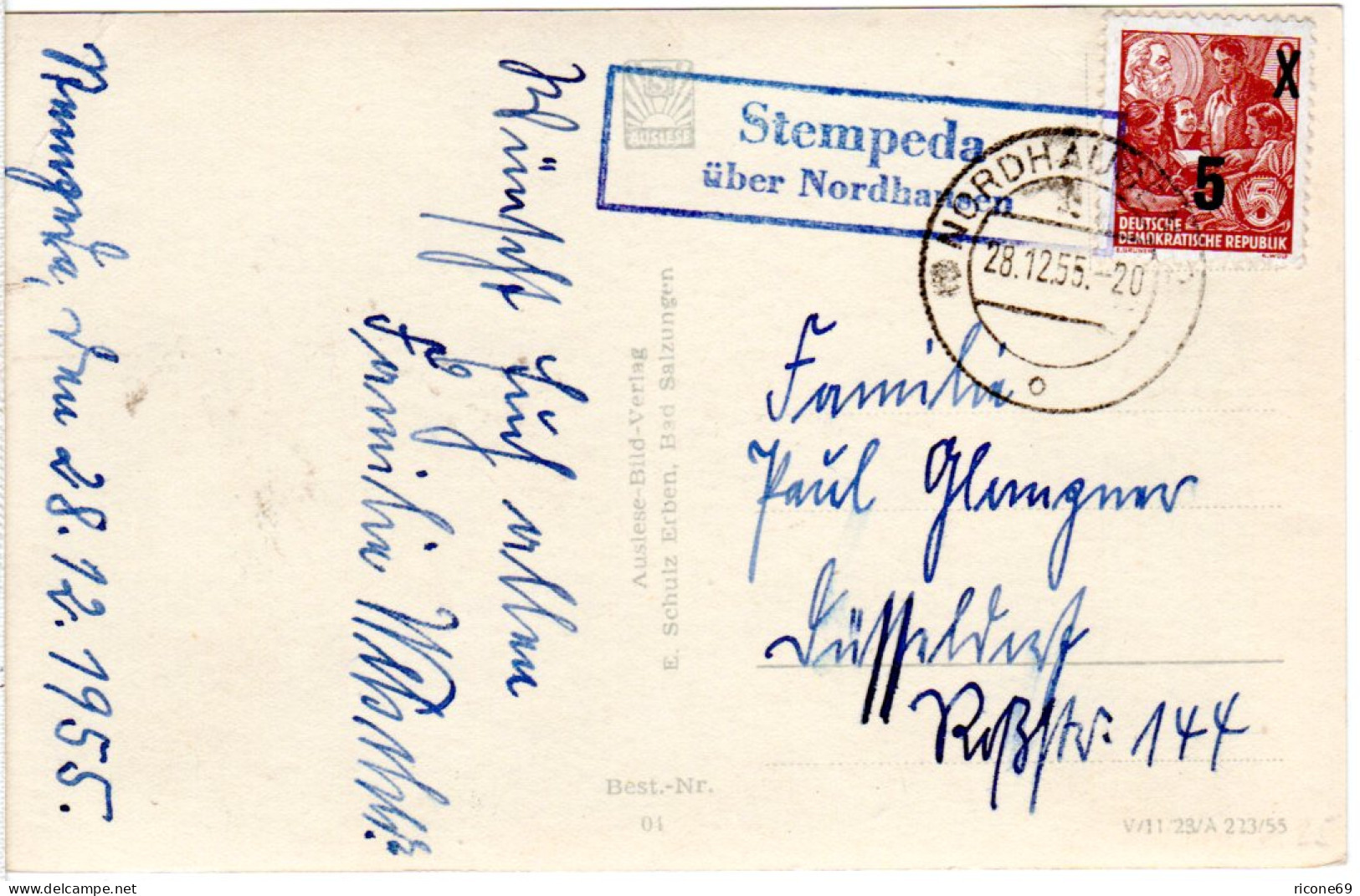 DDR 1955, Landpost Stpl. STEMPEDA über Nordhausen Auf Karte M. 5/8 Pf. - Storia Postale