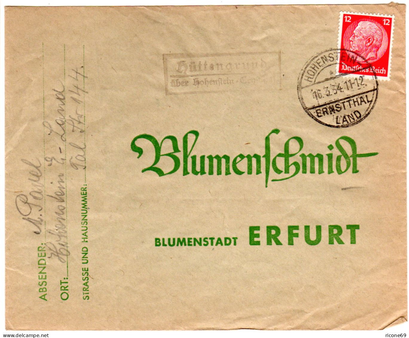 DR 1934, Landpost Stpl. HÜTTENGRUND über Hohenstein-Ernstthal Auf Brief M 12 Pf  - Brieven En Documenten