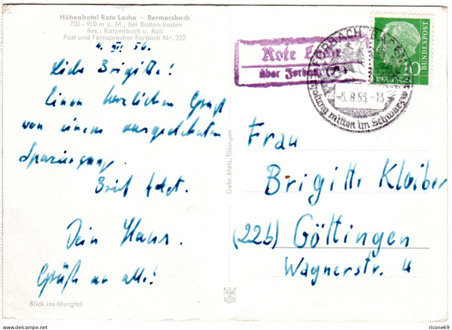 BRD 1956, Landpost Stpl. ROTE LACHE über Forbach Auf Karte M. 10 Pf. Heuss - Briefe U. Dokumente