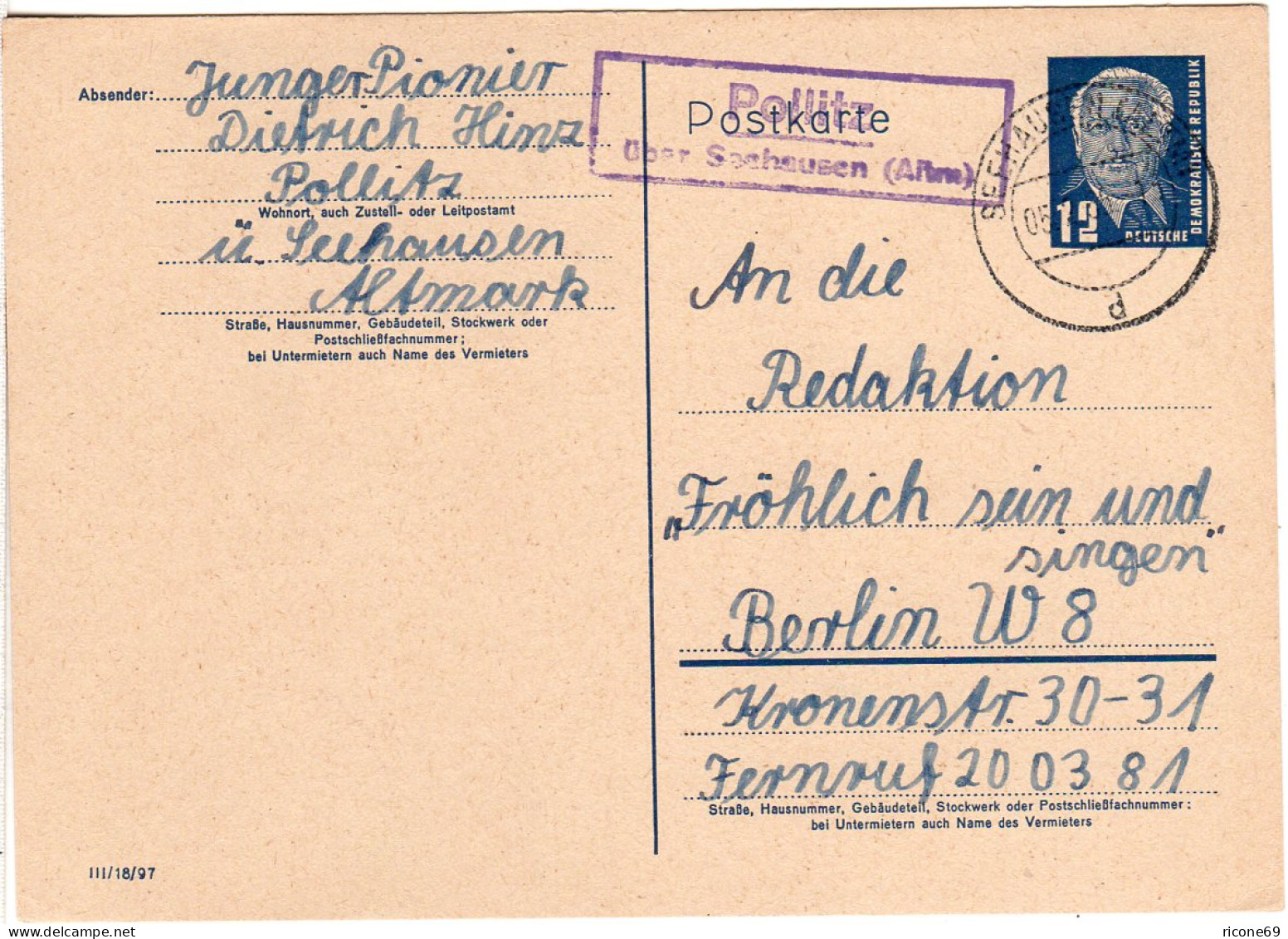 DDR 1955, Landpost Stpl. POLLITZ über Seehausen Auf 12 Pf. Ganzsache. - Brieven En Documenten