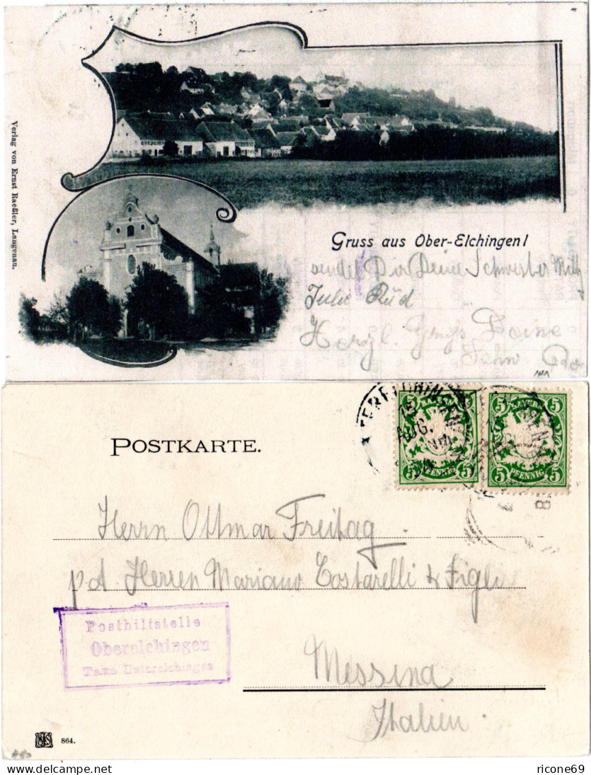 Bayern 1904, Posthilfstelle OBERELCHINGEN Taxe Unterelchingen Auf AK M. 2x5 Pf. - Storia Postale