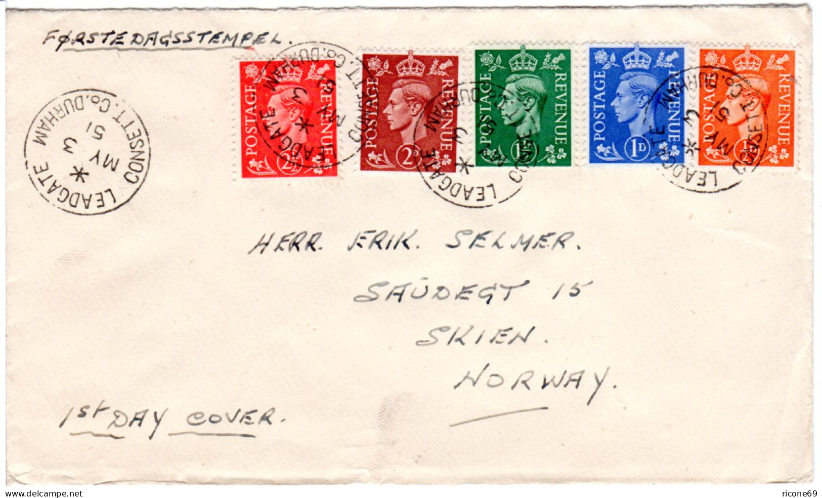 GB 1951, 5 Werte Kpl. Ausgabe Auf FDC Nach Norwegen. - Sonstige & Ohne Zuordnung