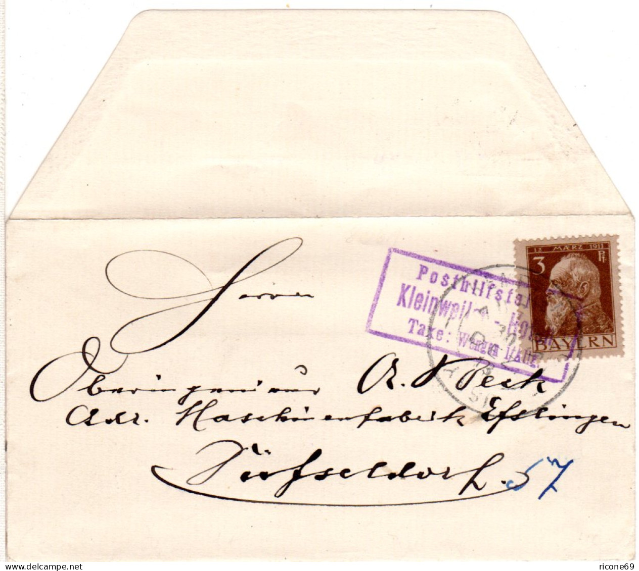 Bayern 1913, Posthilfstelle KLEINWEILER-HOFEN Taxe Wengen Auf Drucksache M. 3 Pf - Lettres & Documents