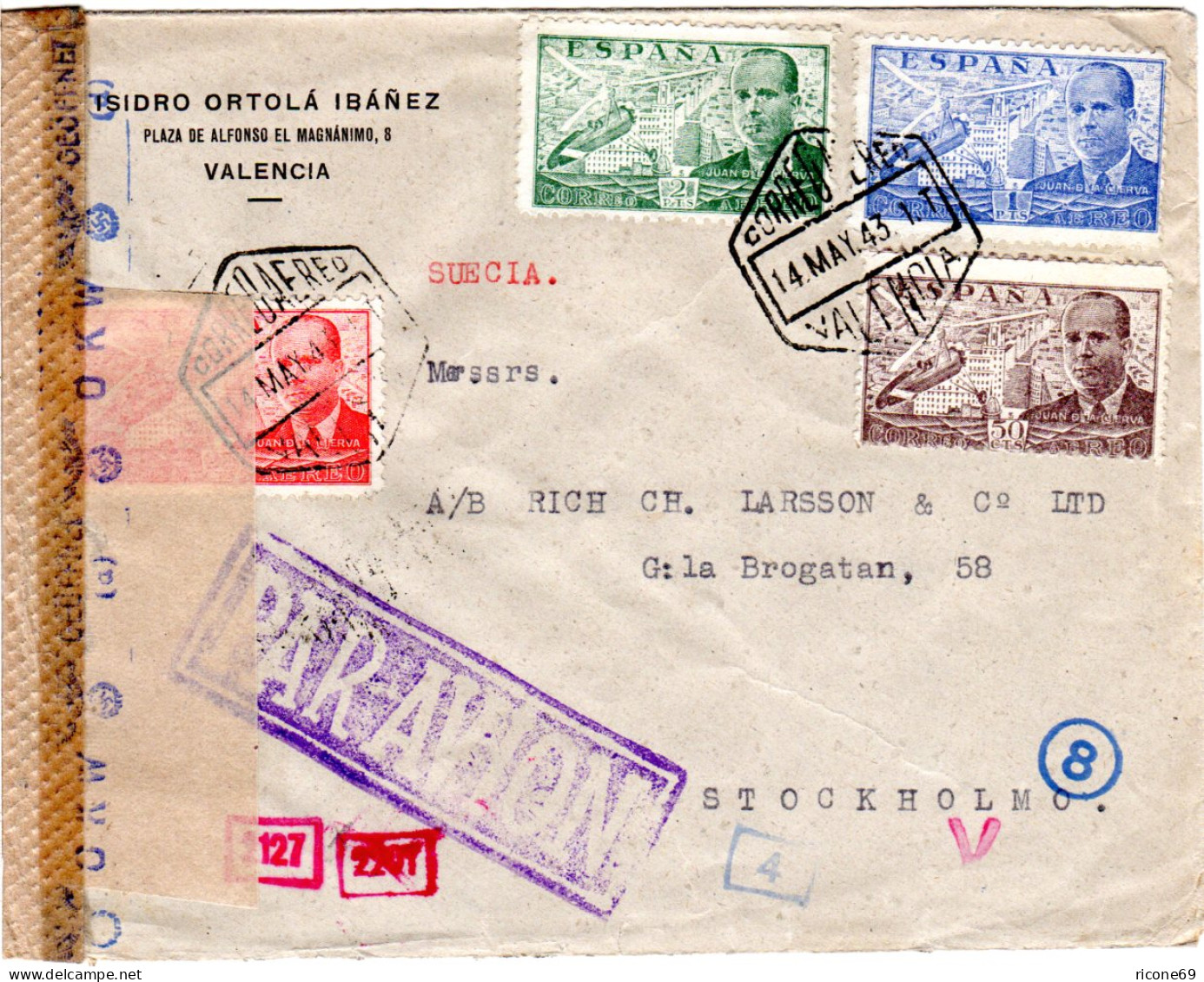 Spanien 1943, 4 Flugpost Marken Auf Luftpost Zensur Brief V Valencia N. Schweden - Briefe U. Dokumente