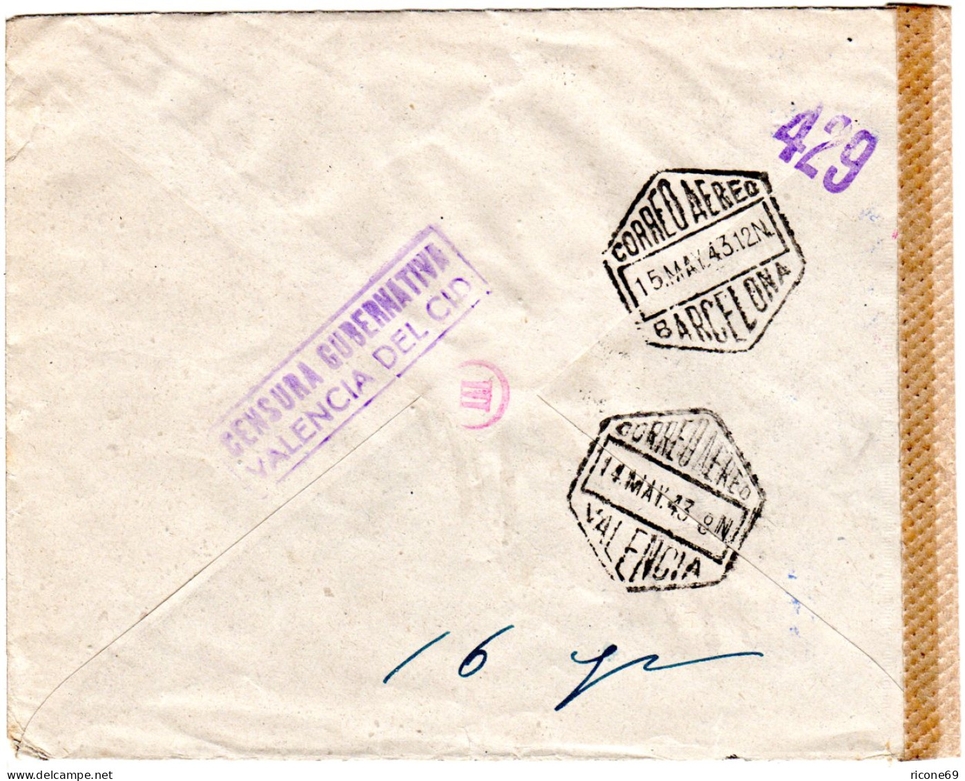 Spanien 1943, 4 Flugpost Marken Auf Luftpost Zensur Brief V Valencia N. Schweden - Covers & Documents