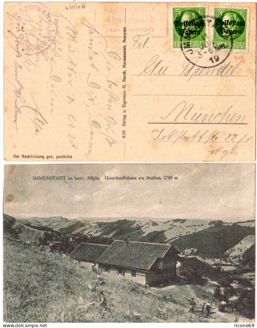 Bayern 1919, Posthilfstelle ALMAGMACH Taxe Immenstadt Auf Sw-AK M. 2x5 Pf. - Lettres & Documents