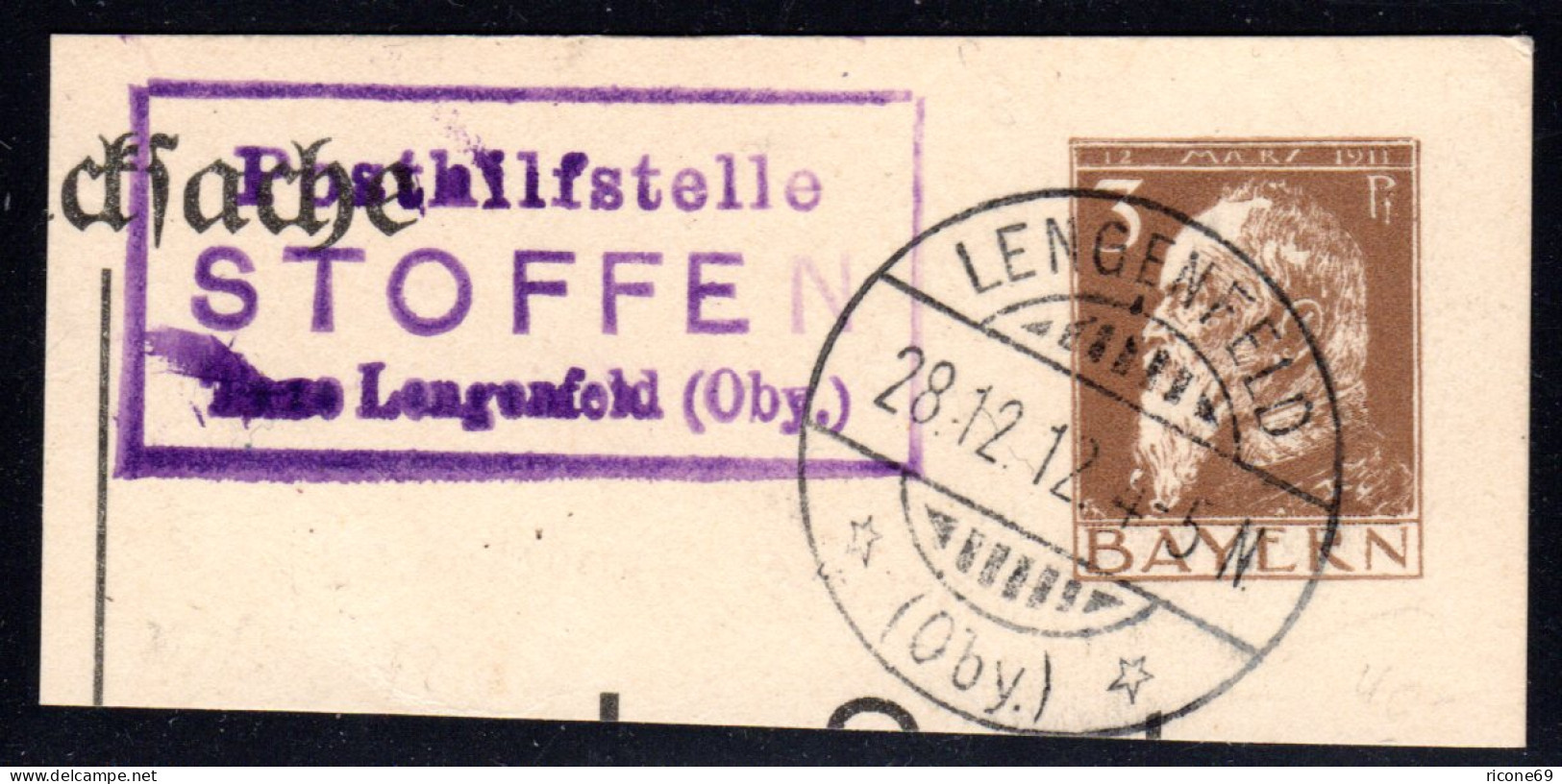 Bayern 1912, Posthilfstelle STOFFEN Taxe Lengenfeld Auf Ganzsachen Ausschnitt - Covers & Documents