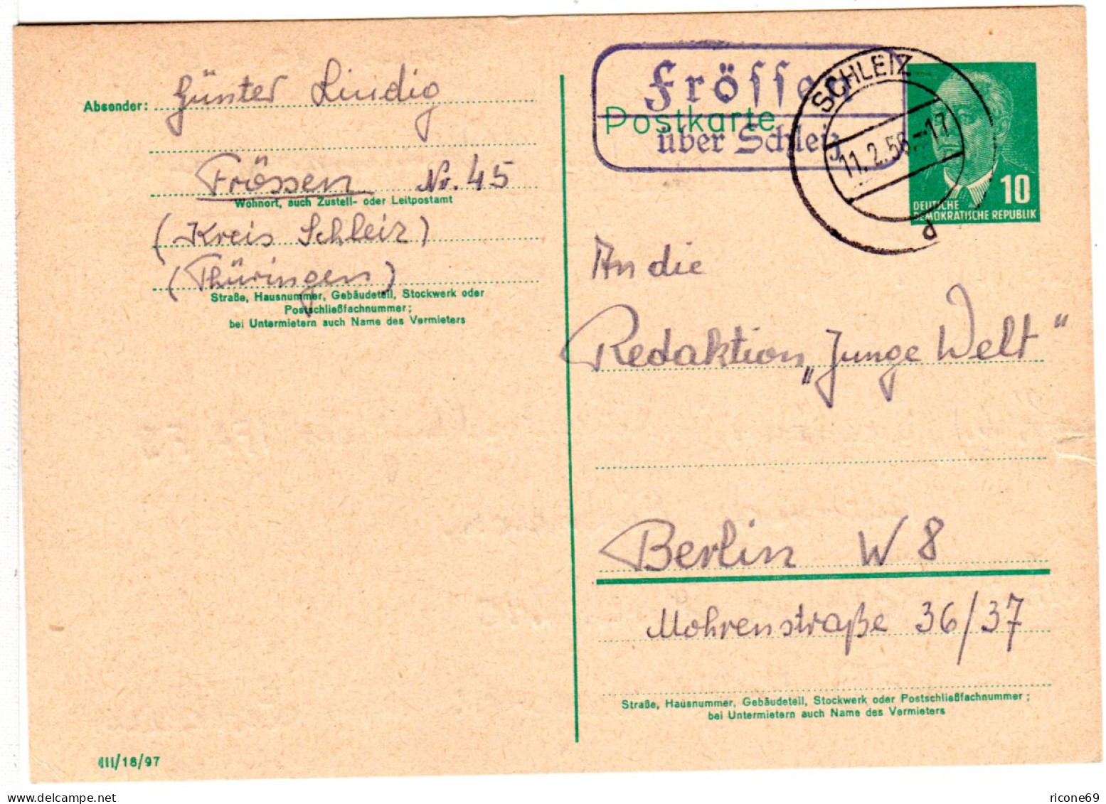 DDR 1956, Landpoststempel FRÖSSEN über Schleiz Auf 10 Pf. Ganzsache. - Brieven En Documenten
